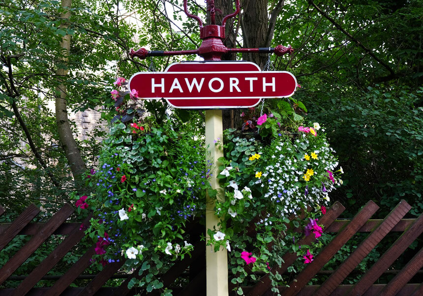 Hanging baskets at Haworth station