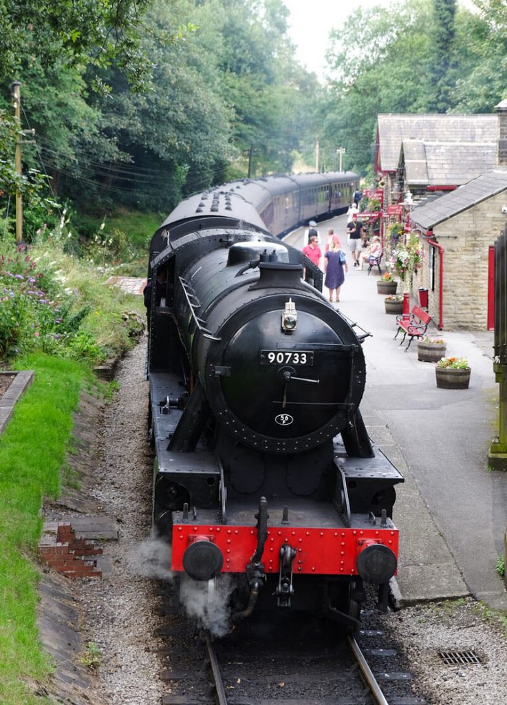 A steam train at Haworth station on the Keighley and Worth Valley railway