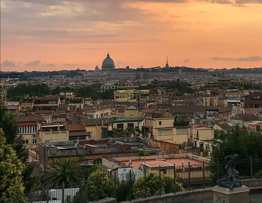 A sunset view across Rome from the Villa Borghese gardens