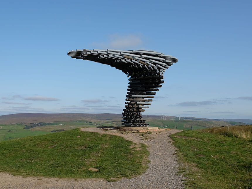 The Singing Ringing Tree in Burnley is another of the East Lancashire Panopticons. A large, modern sculpture made up of metal pipes sits on a moorland hilltop. 