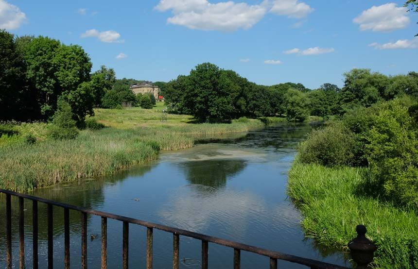 Bretton Hall and its lovely parkland surroundings. There is a lake with reeds in the foreground of the image. Further back is rolling green grass and trees. In the distance there is an old country hall in golden stone. 