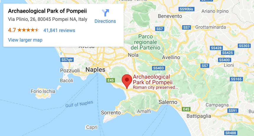 A map of Pompeii. Pompeii is halfway between Naples and Sorrento, and not far from the Amalfi Coast, making visiting Pompeii an easy day trip destination