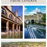The perfect day trip to Bath from London. The image contains three photos of the historic city of Bath; one of the Roman Baths, one of Pulteney Bridge and an aerial shot of Bath's Georgian city centre, showing the famous Royal Crescent.