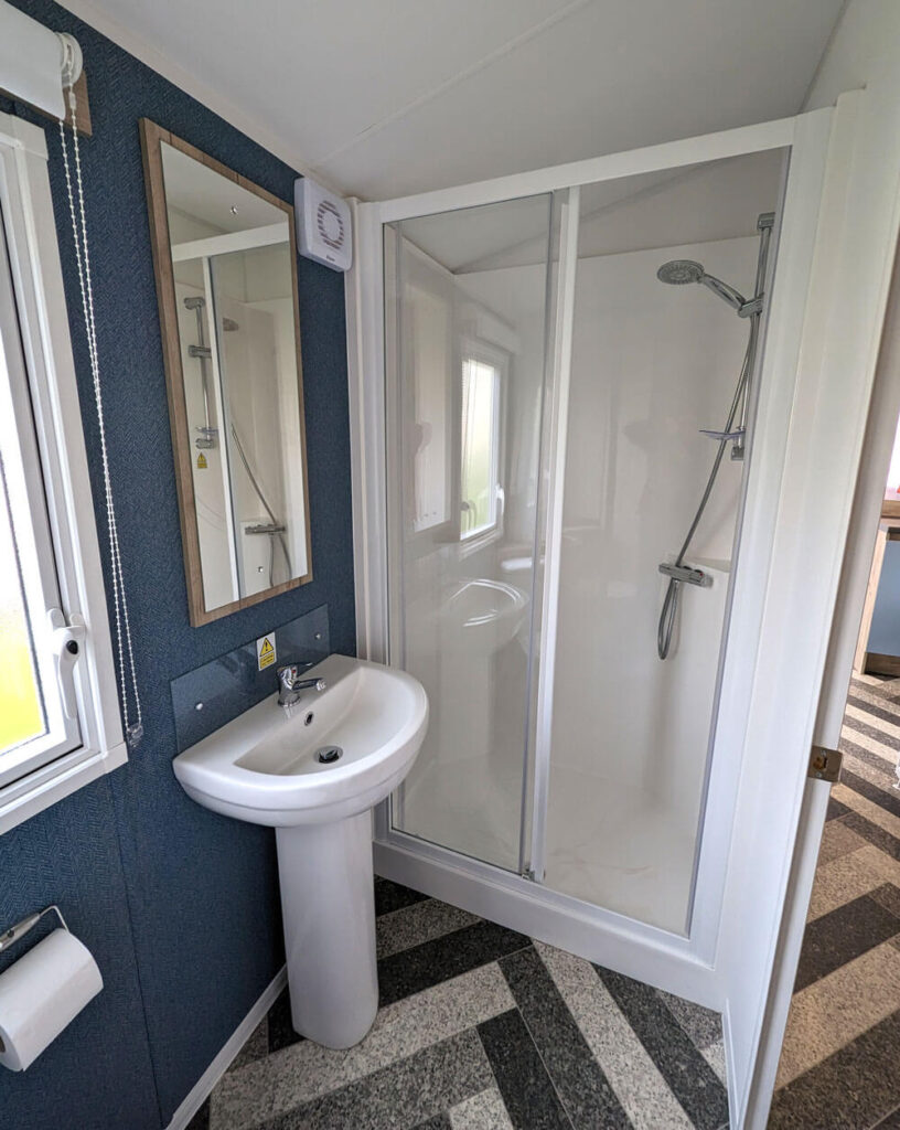 The bathroom in our New Wave Gold caravan at Woolacombe Bay Holiday Park. The shower was great - hot and powerful.