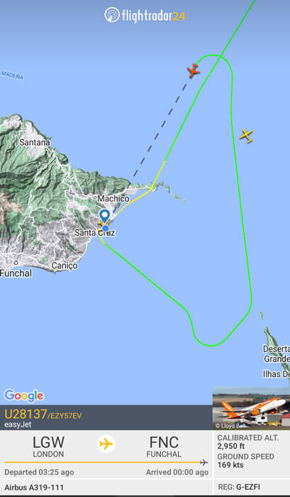 A screenshot from Flightradar24 showing the flight before ours having to make a second attempt at landing at Madeira's airport.