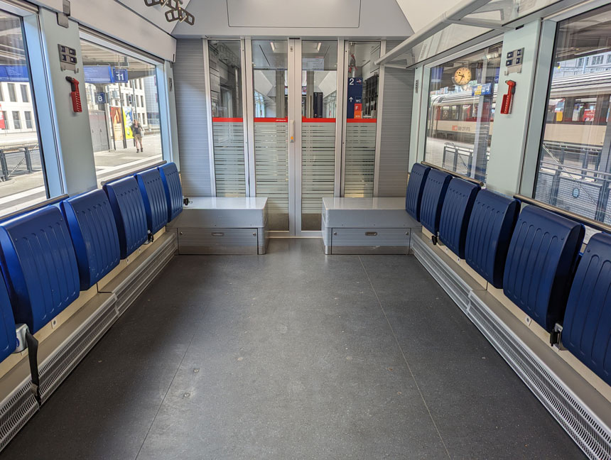 The accessibility coach of our Albula Line train from Chur to St Moritz