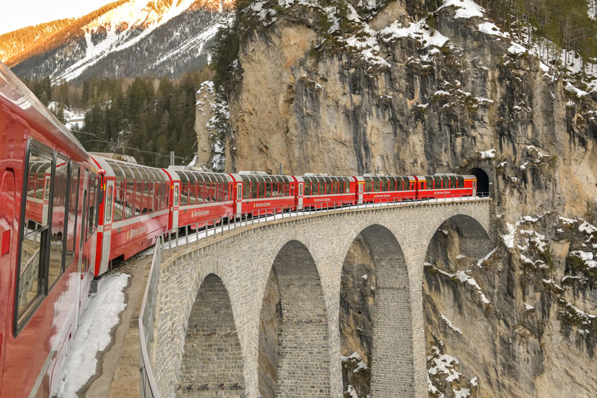 A Bernina Express train on the Landwasser Viaduct