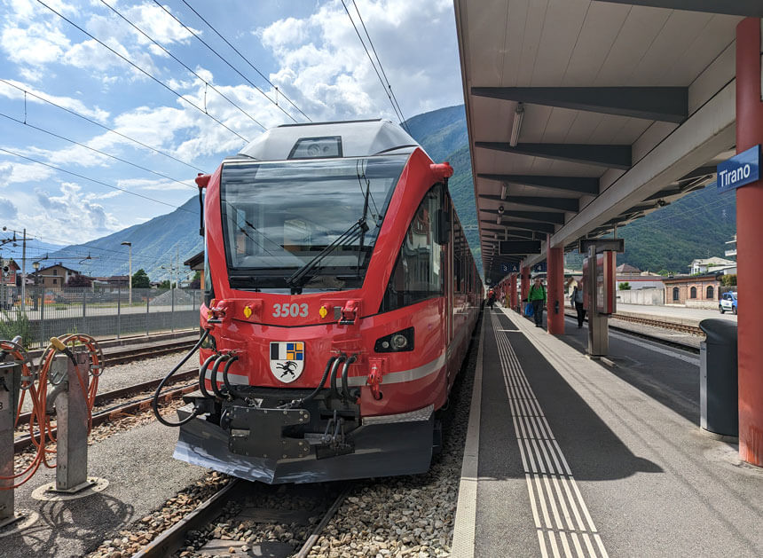 Our Bernina red train at the end of our journey in Tirano, Italy