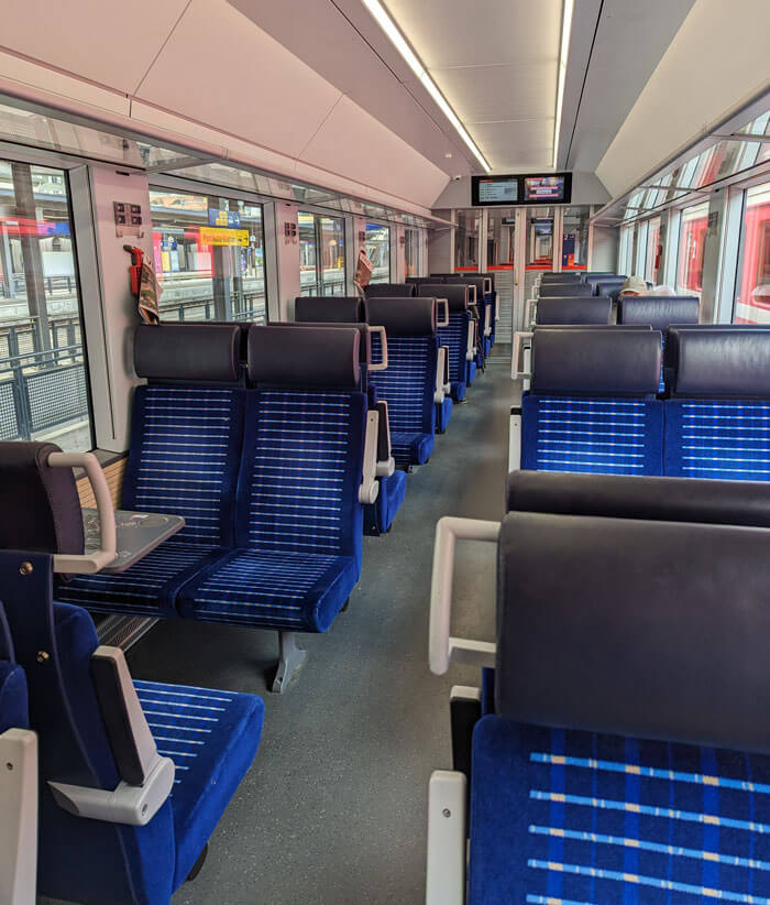 Second class seats in one of the newer carriages 