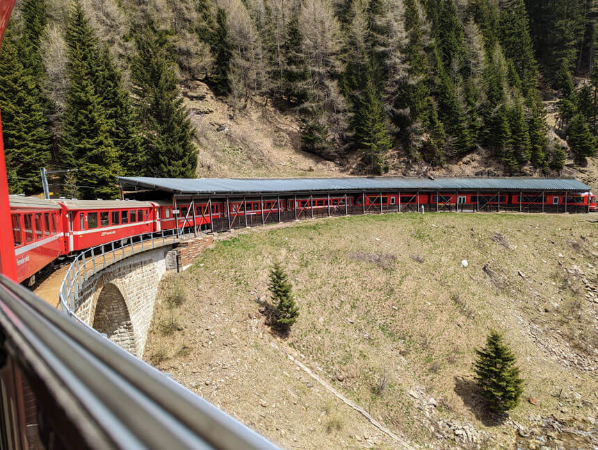 Sitting at the back of the train lets you see the full extent of the Bernina Line's jaw-dropping curves