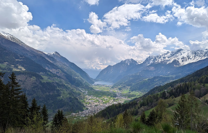 Looking down into the Val Poschiavo, with Lake Poschiavo in the distance