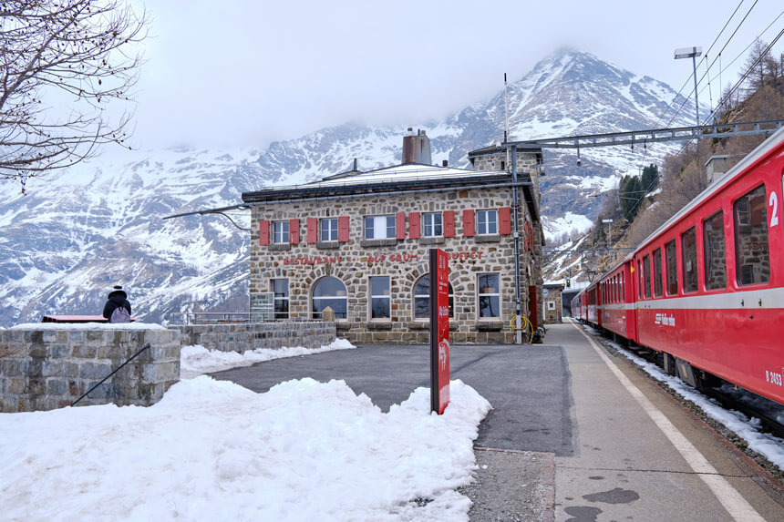 The station at Alp Grum is only accessible by train during the winter. In the summer months it's open as a restaurant and hotel for outstanding mountain hiking.