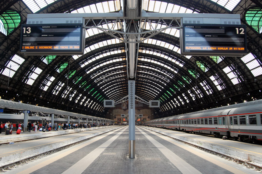 Milano Centrale station. Trains leave from here for Milan Malpensa airport, Lake Como and Tirano for the Bernina line.