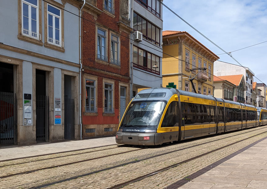 A Porto Metro tram in Matosinhos, near the festival site