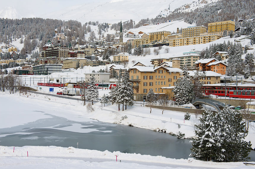 St Moritz in winter, with a Glacier Express train in the station