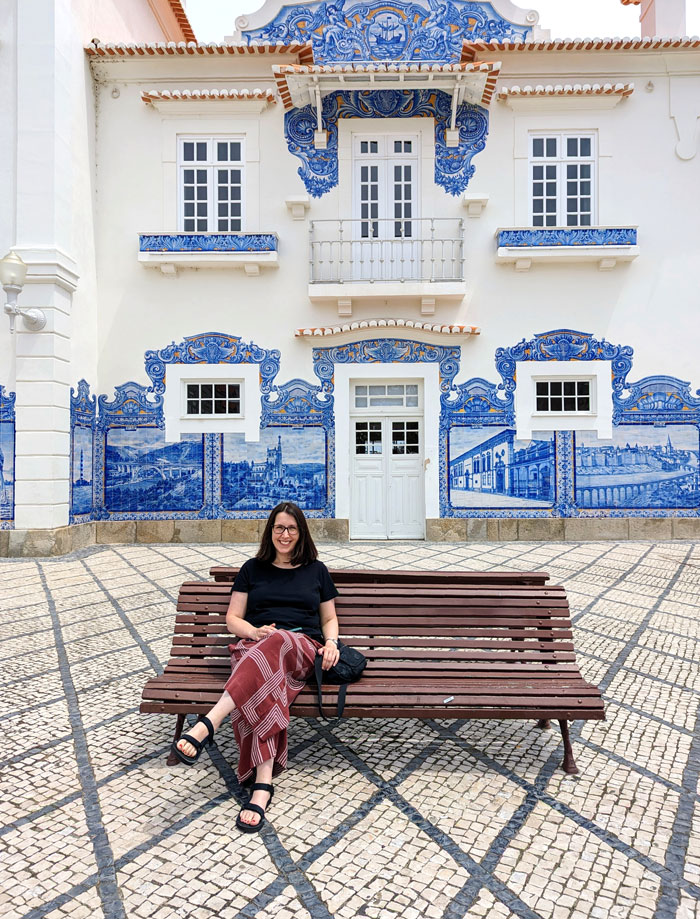 In front of the old station in Aveiro. Trains from Porto and Lisbon stop at the modern station just next door.