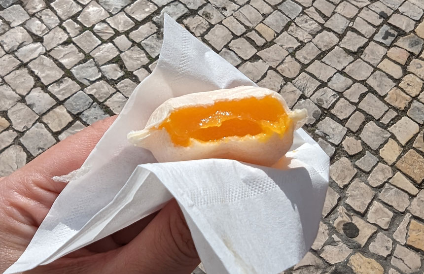 The bright yellow inside of an ovo mole. I wasn't a big fan but you should definitely give them a try when you take a day trip to Aveiro.