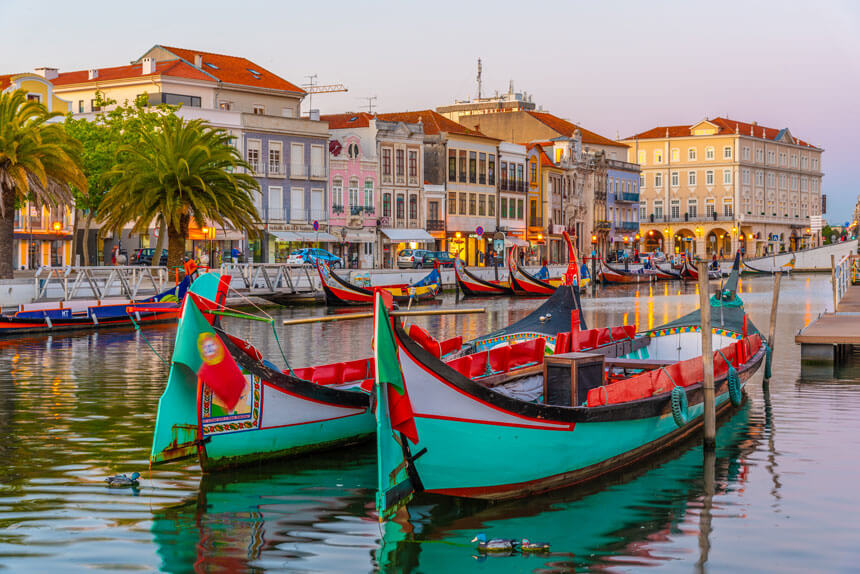 Aveiro Portugal is known as the "Venice of Portugal" for its canals and traditional moliceiro boats