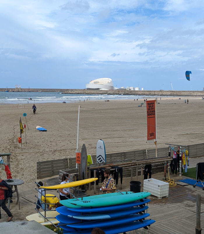 One of several surf schools on the beach. The waves here are ideal for beginners.