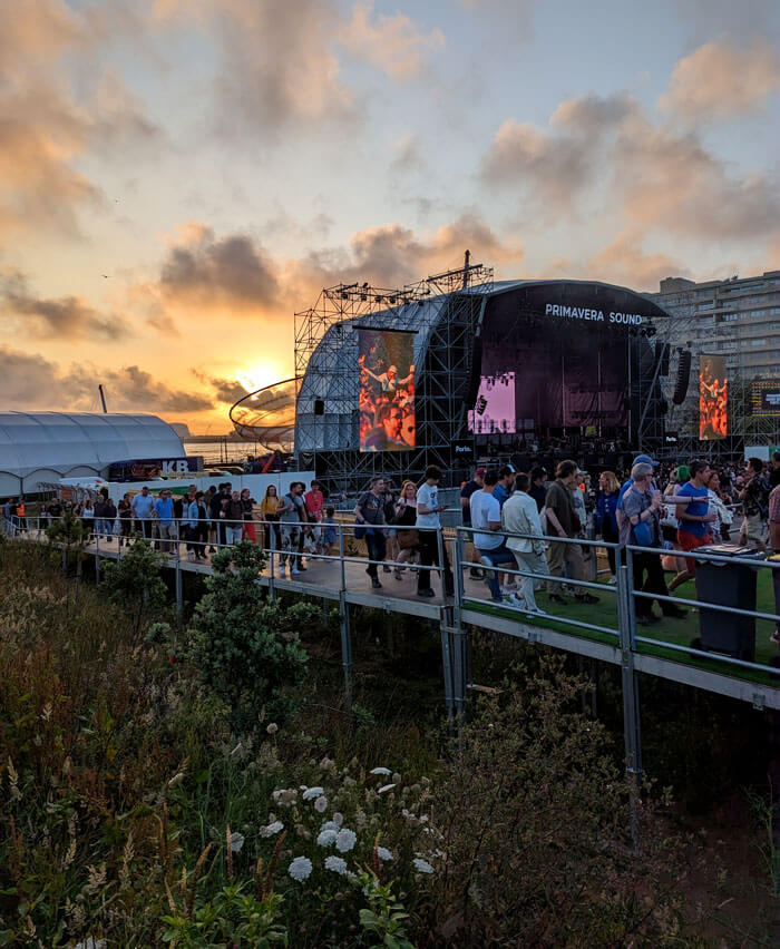 The sun setting behind the main stage at Primavera Sound Porto, which is held in Matosinhos