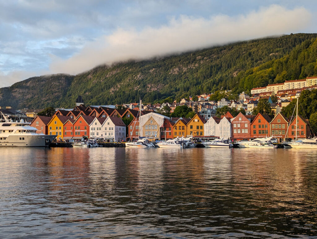The rain stopped later that evening, revealing a beautiful golden hour and sunset. This is the famous Bryggen UNESCO World Heritage site looking gorgeous.