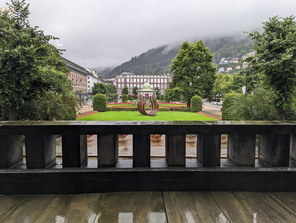 Looking out from the balcony of KODE's Permanenten building. The rain in Bergen helps keep the city lush and green. 