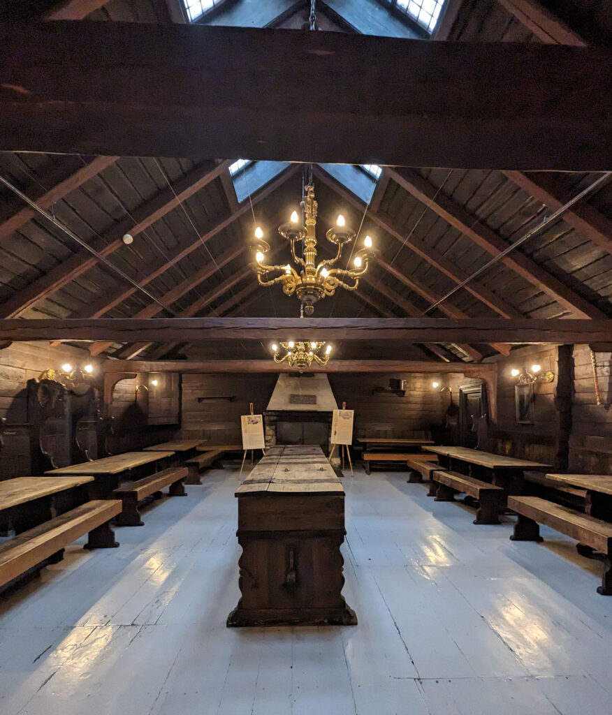 Inside another of the Hanseatic assembly rooms at Schøtstuene. According to the Hanseatic Museum's research, the dark brown walls are likely not to be historically accurate. 