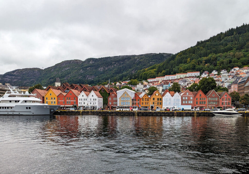 The Bryggen UNESCO site in Bergen, seen from our Mostraumen cruise boat