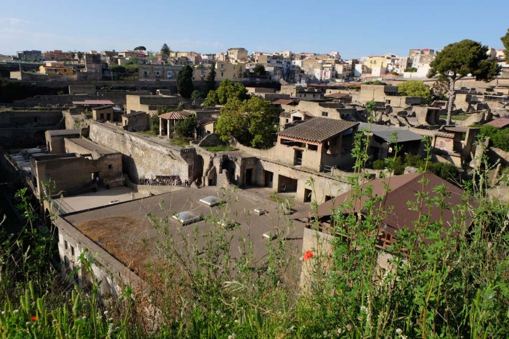The ruins at Herculaneum are surrounded by the modern town of Ercolano