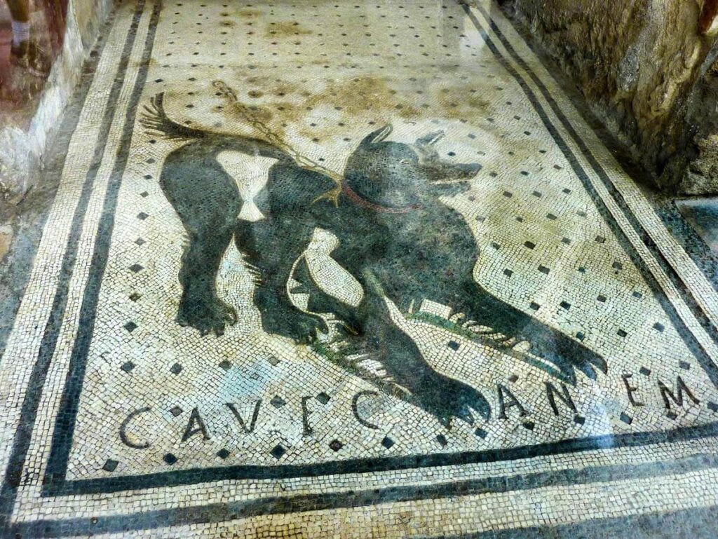 The famous Cave Canem ("Beware of the Dog") mosaic in the entrance to the House of the Tragic Poet
