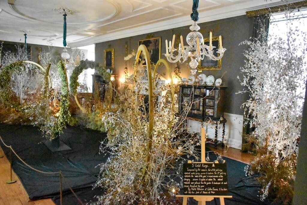 The Five Gold Rings display from Doddington Hall's 12 Days of Christmas event. Doddington Hall in Lincolnshire is one of England's best stately homes to visit at Christmas
