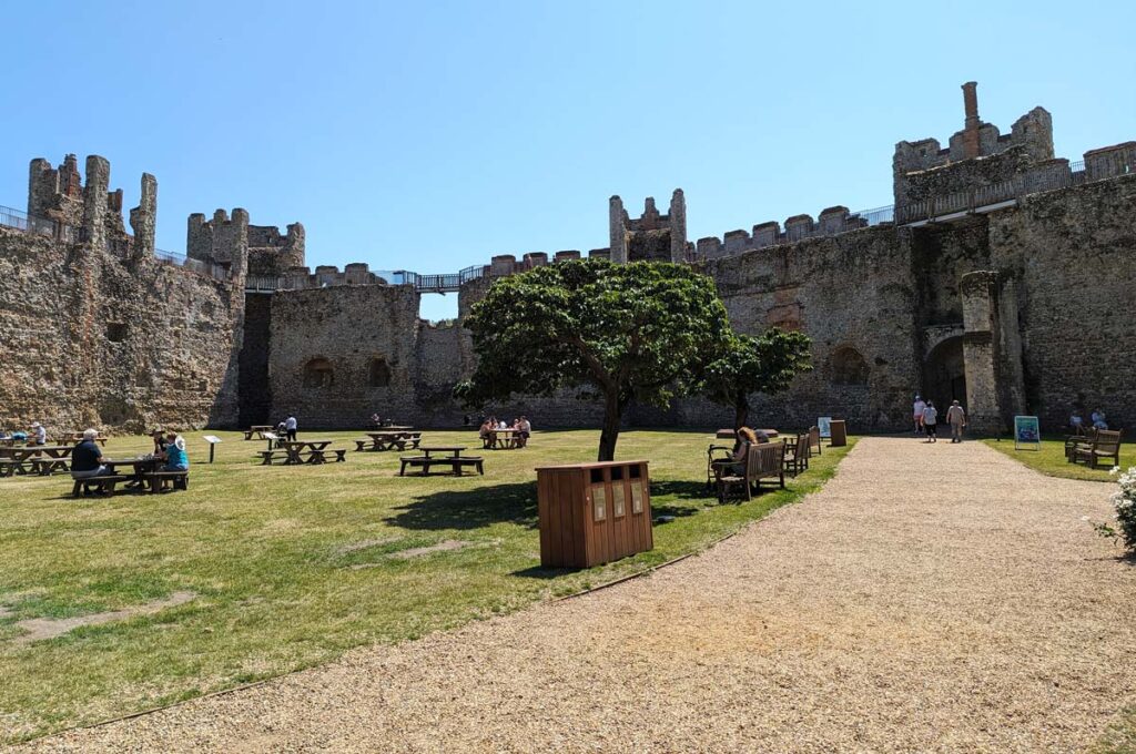 Inside the castle walls. There are lots of picnic tables in the old inner court.