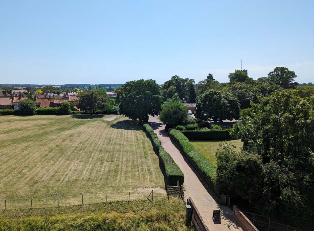 Looking over the town of Framlingham from the castle. The castle car park is just behind the trees to the right. 