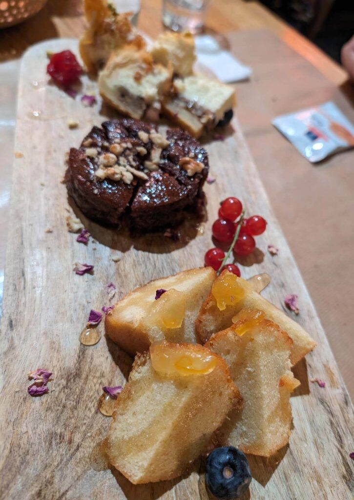 A selection of delicious cakes for pudding. The orange blossom cake was my favourite!