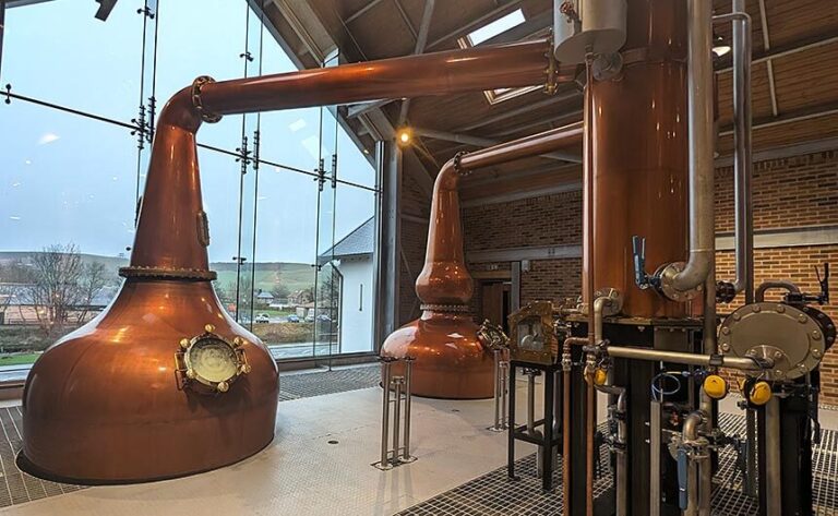 Two copper stills at the Ad Gefrin whisky distillery in Wooler, Northumberland