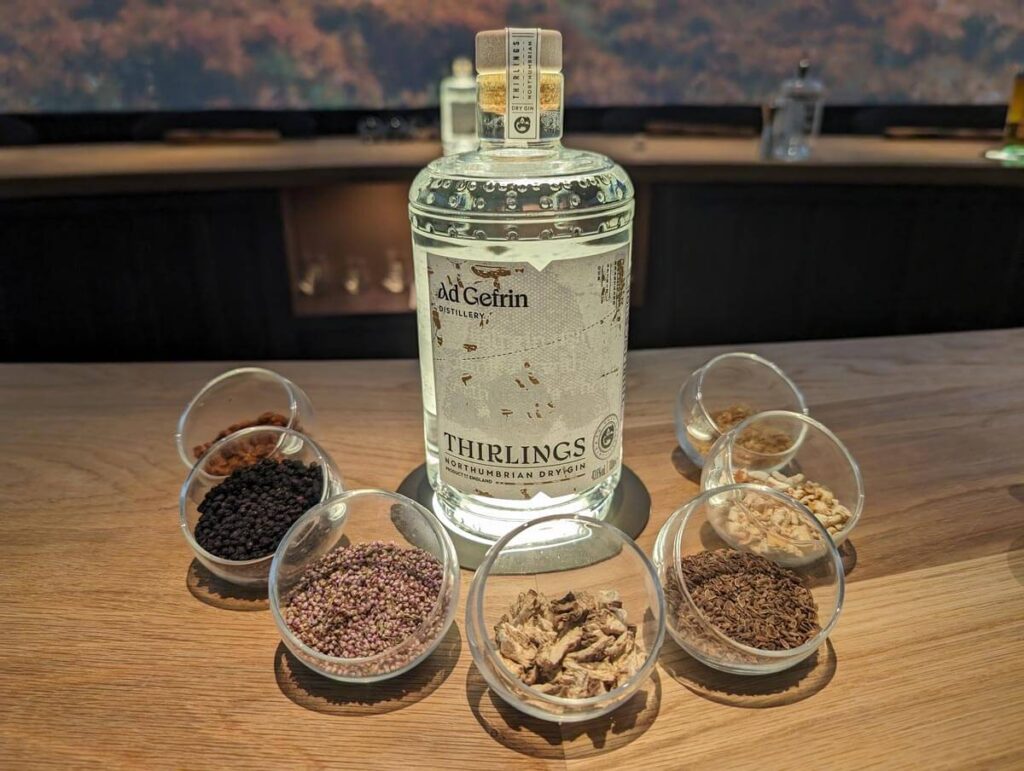 A bottle of gin, surrounded by examples of the plants and herbs that flavour the gin