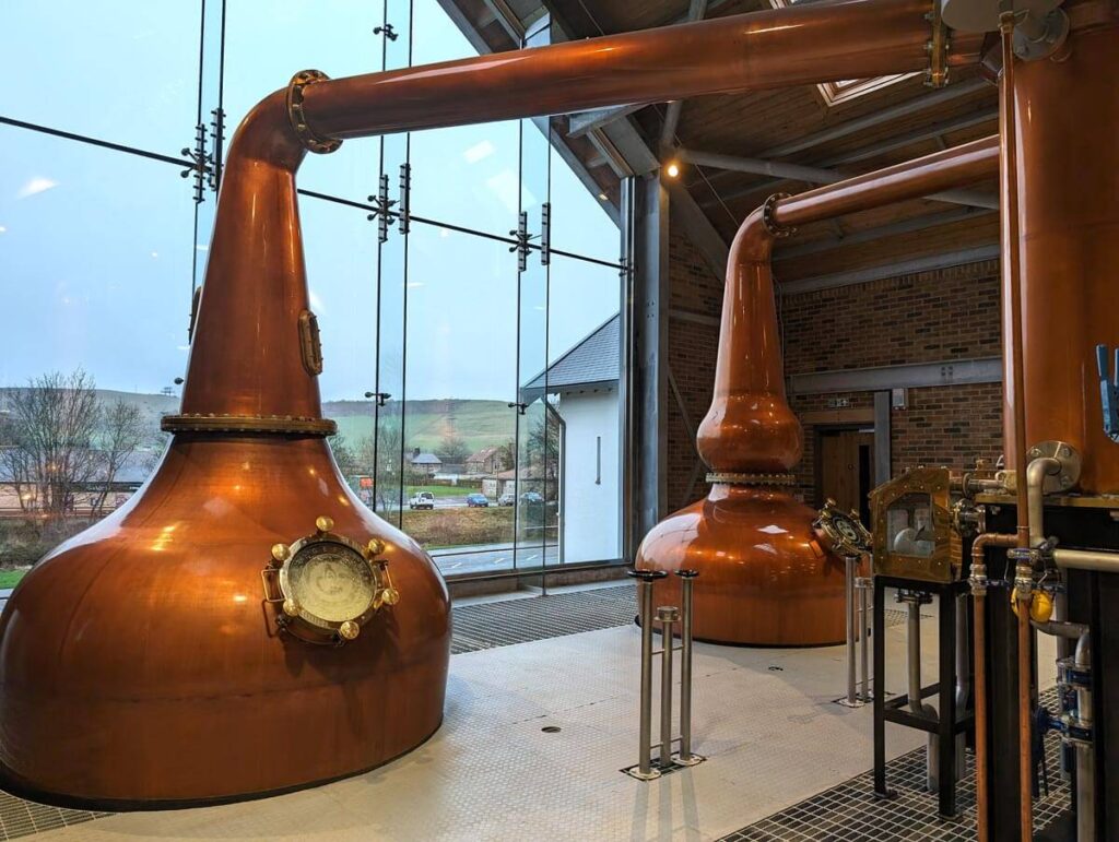 Copper pot stills at the Ad Gefrin whisky distillery in Wooler, Northumberland