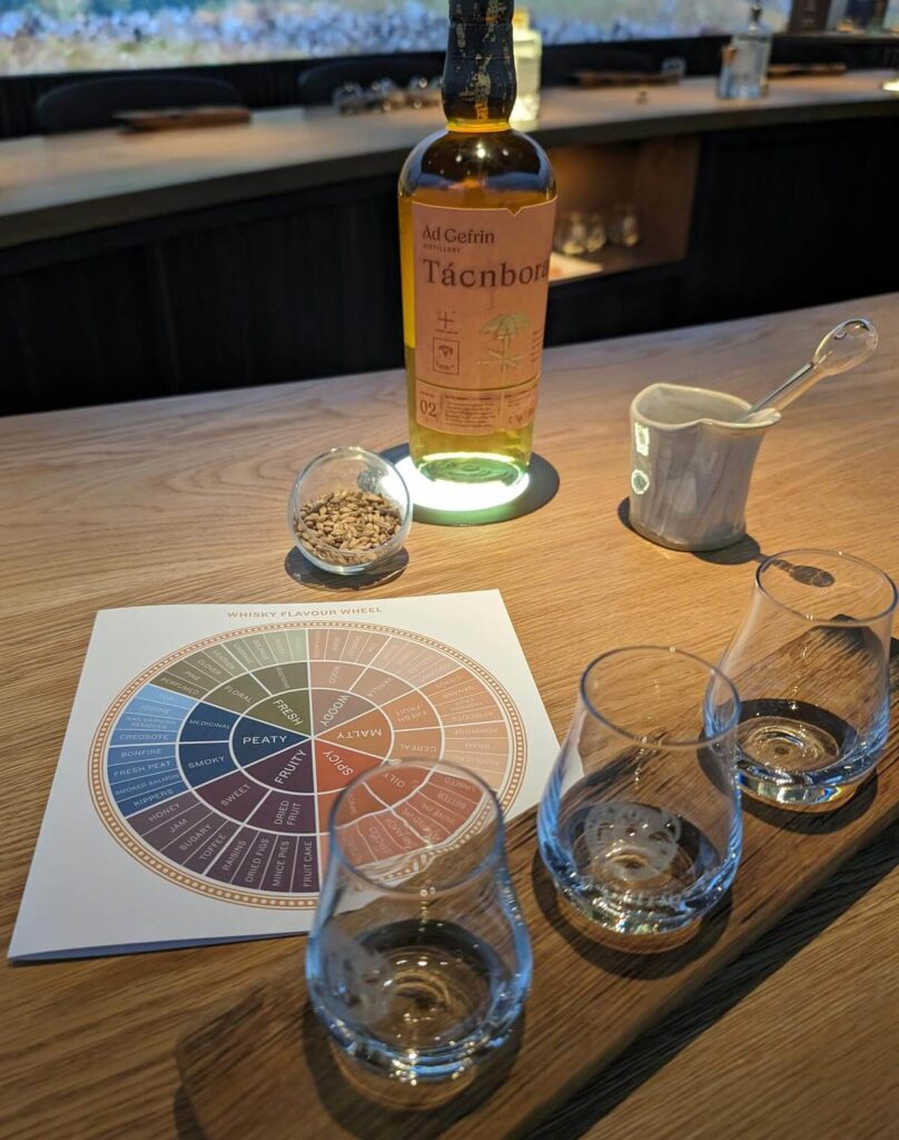 A whisky tasting wheel diagram with a bottle of whisky and three small tasting glasses
