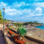 A path behind a sandy beach in Costa Adeje, with cactuses, palm trees and flowers