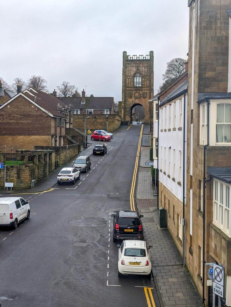 Looking up Pottergate towards the Pottergate Tower from our room at Hallow and Crux 