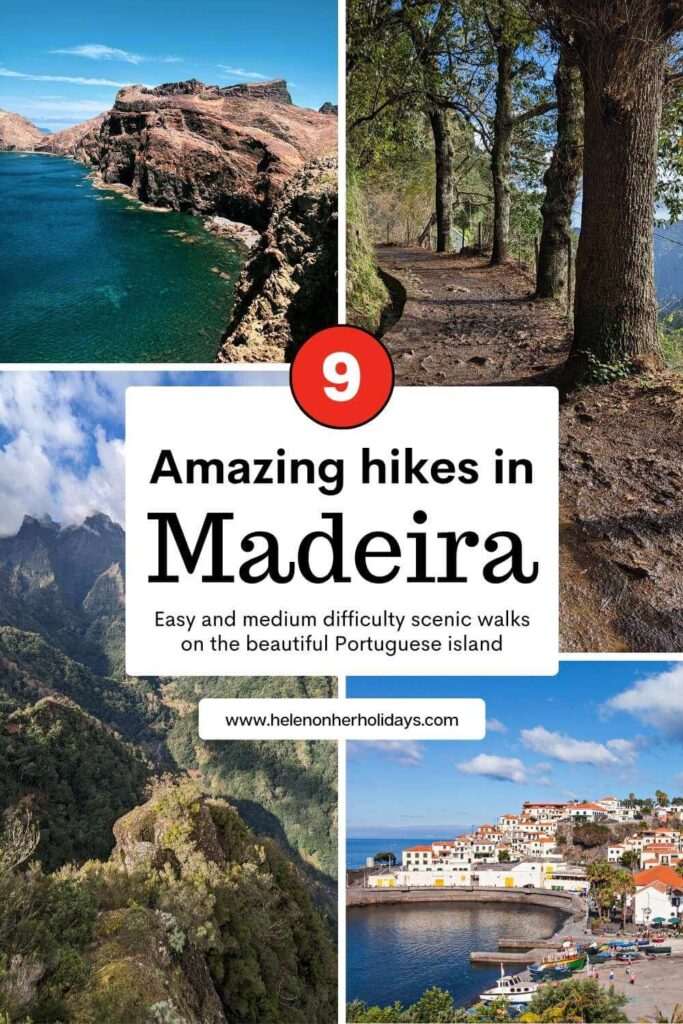 An image of four of the most beautiful hikes in Madeira; a wild coastal landscape, a path through woods, a mountain vista and a fishing village