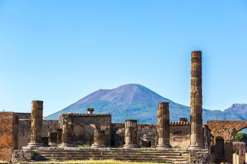 The ruins of Pompeii, with Mount Vesuvius behind