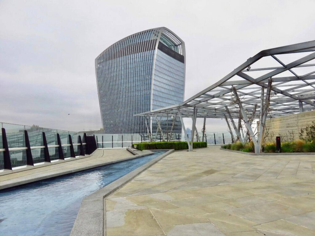 The Garden at 120 is a roof garden with views of the City of London, including the Walkie Talkie building