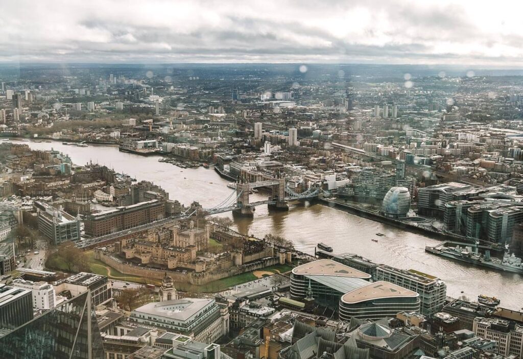 The view from Horizon 22, the highest free viewing platform in London. Tower Bridge and the Thames is in the centre of the picture.