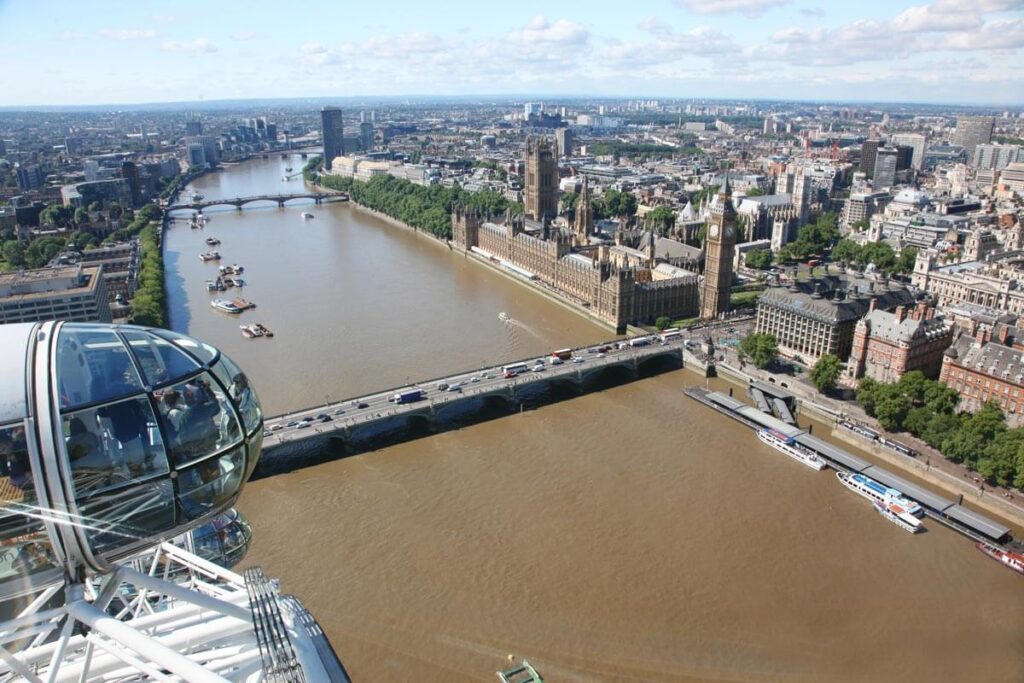 The view from the London Eye, with Westminster Bridge, the River Thames and the Houses of Parliament