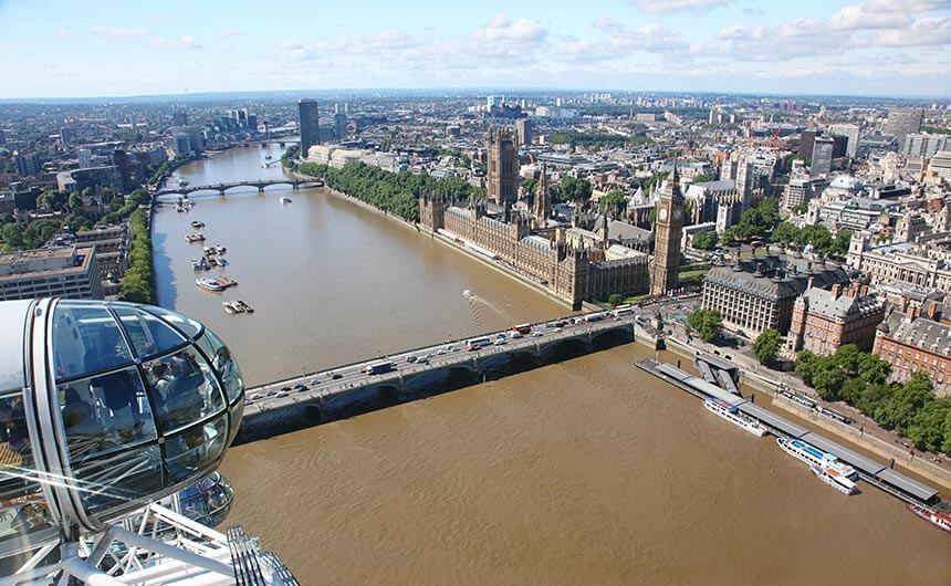 The view from the London Eye, showing the Houses of Parliament and Big Ben