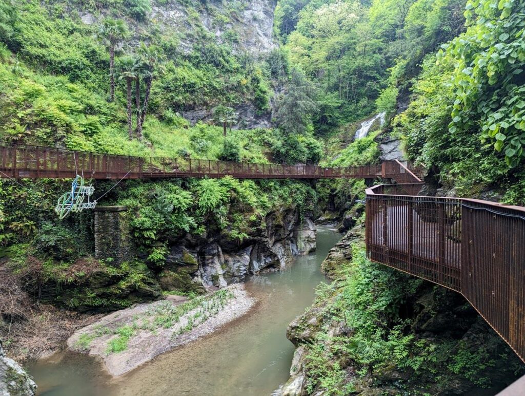 A wide rocky valley with suspended walkways on either side and lots of ferns