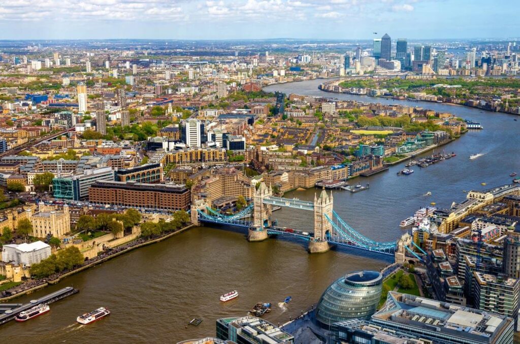 The view from the top of The Shard, showing Tower Bridge, Canary Wharf and the Tower of London