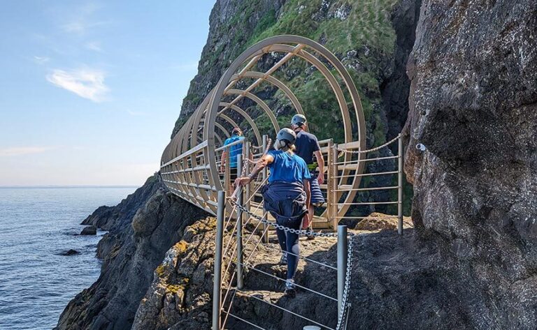 Crossing the Tubular Bridge on the Gobbins Cliff Walk