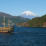 A pirate ship sailing on Lake Ashi in the shadow of Mount Fuji on the Hakone Loop